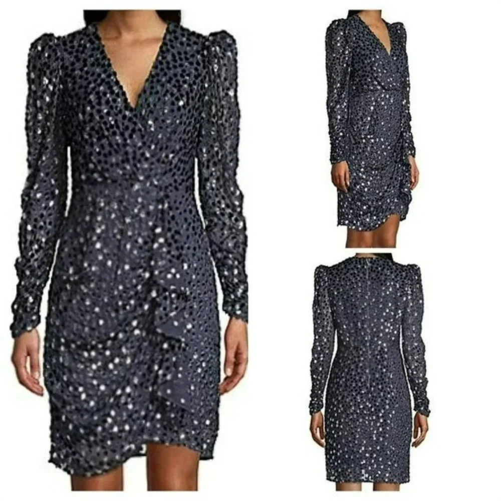 Kate Spade Scatter Dot Dress 6 Navy Silver Faux Wrap Ruffle Velvet Long Sleeve